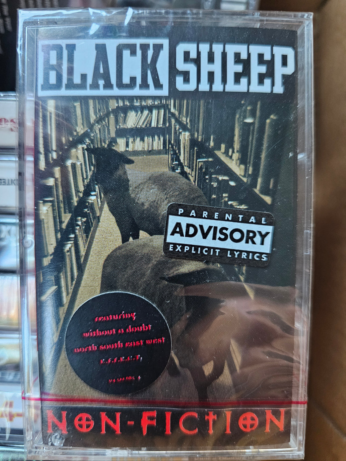Black Sheep Non-Fiction cassette front with round hype and Parental Advisory stickers