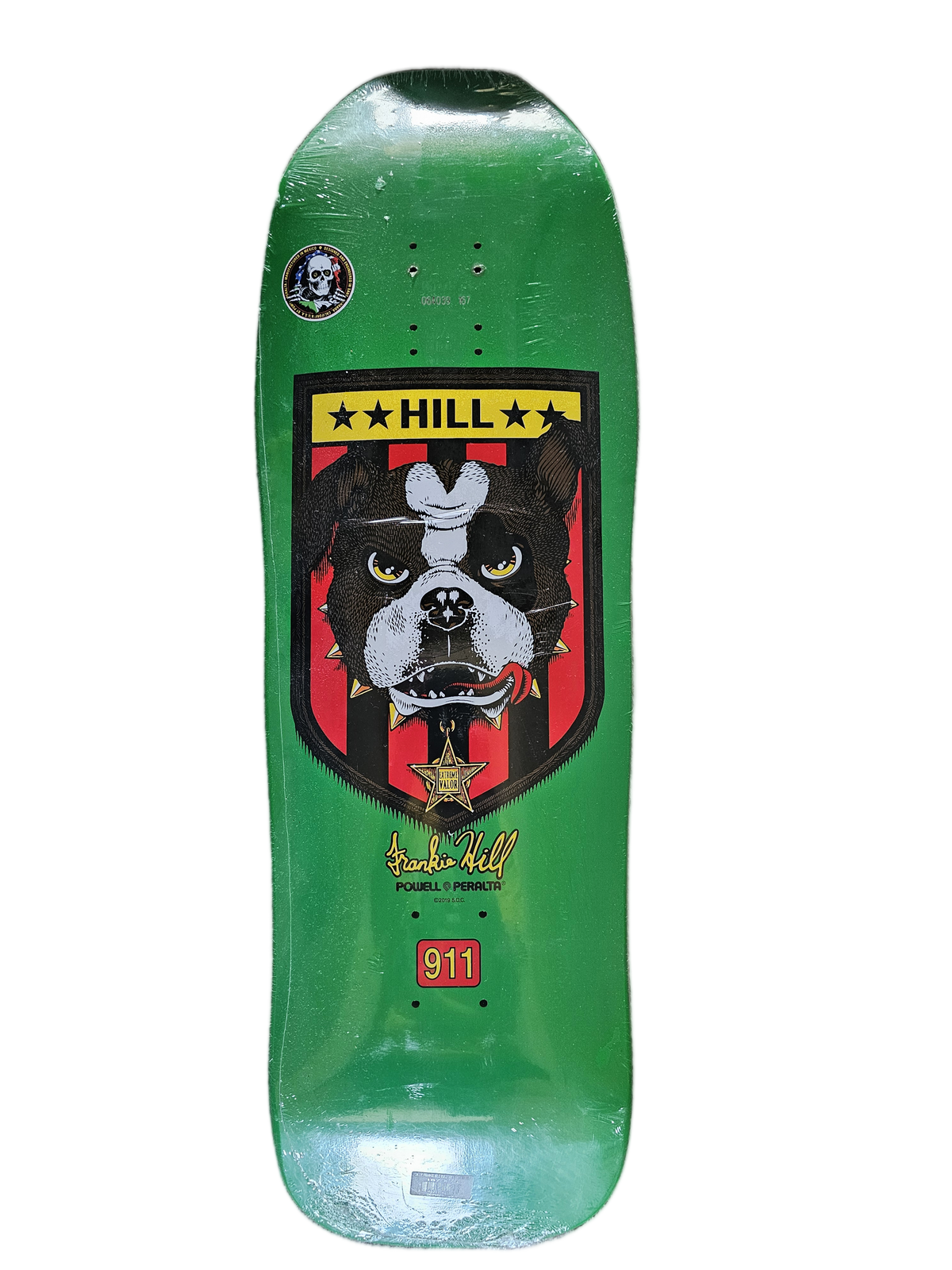 Powell Peralta Frankie Hill Bulldog green skateboard deck with background removed