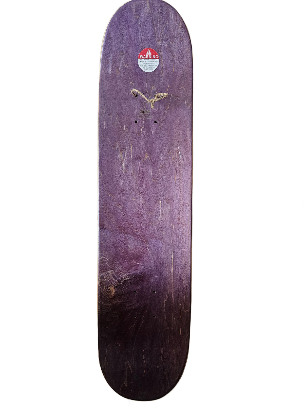 Purple-stained woodgrain top with twine loop and warning sticker