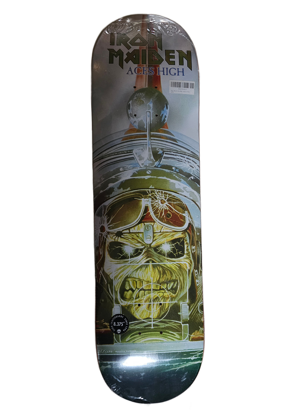 Full graphic side of Zero Iron Maiden Aces High skateboard deck
