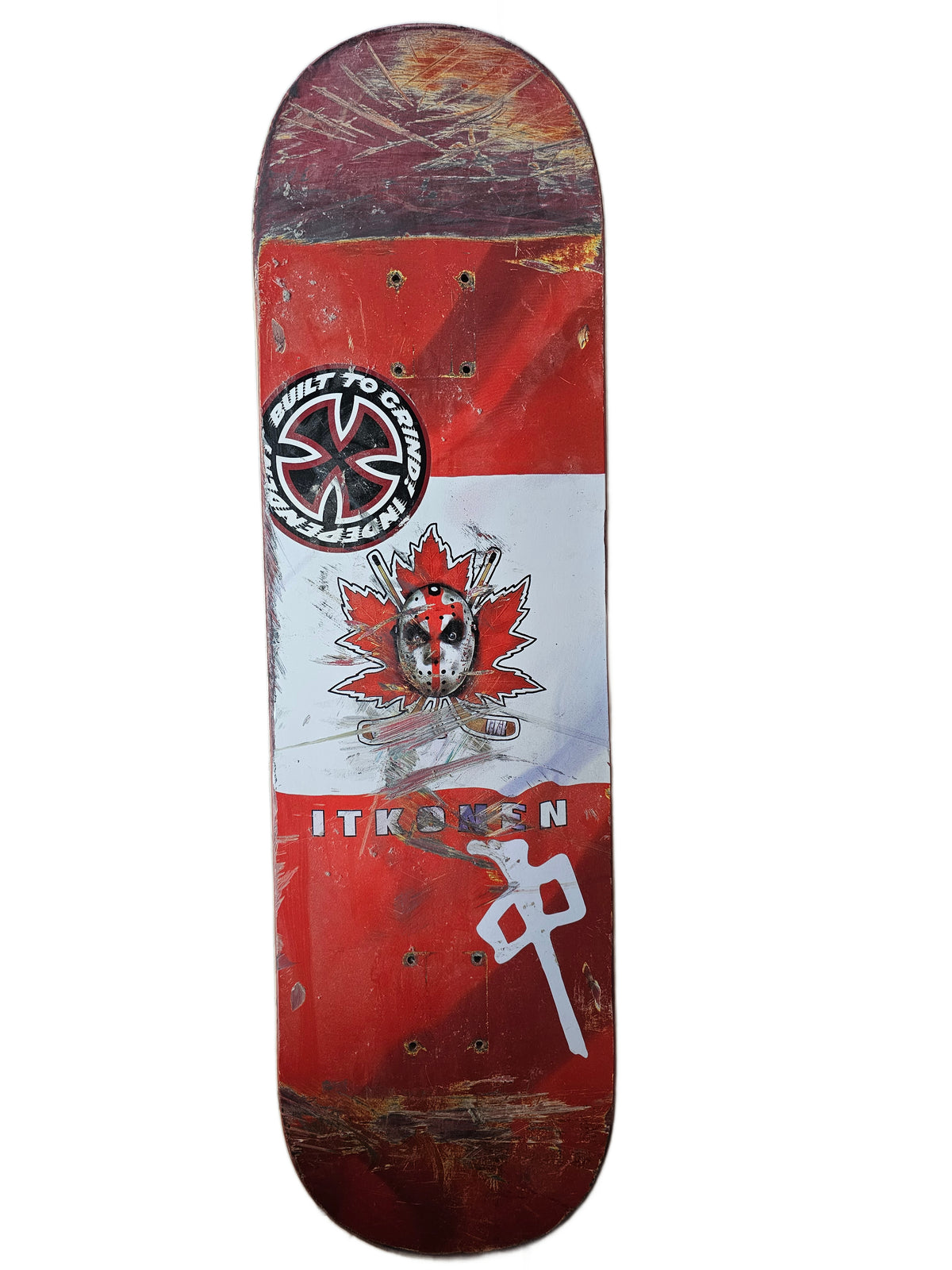 Heavily worn red-and-white Itkonen hockey-mask and maple-leaf skateboard deck