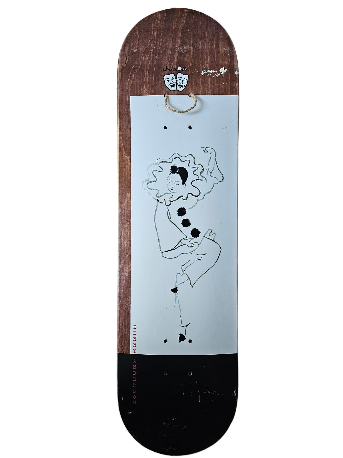 Chocolate Kenny Anderson deck with clown graphic, woodgrain nose and black tail