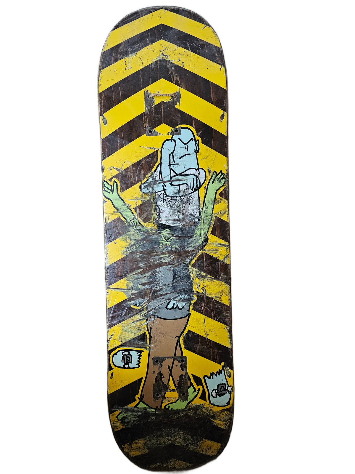 Heavily worn Krooked cartoon deck with yellow-and-dark chevron graphic