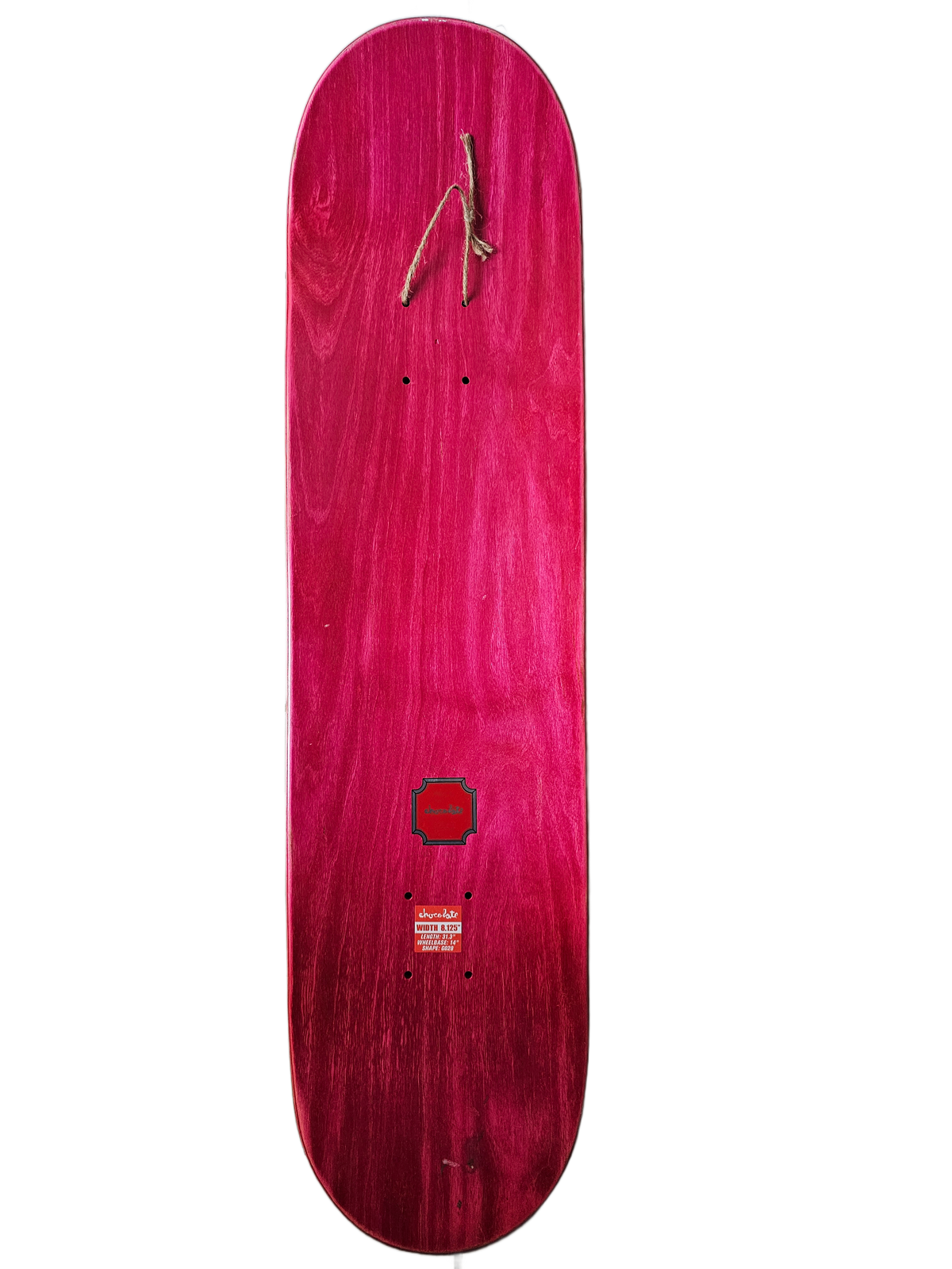 Cutout view of pink-stained ungripped top with twine hanging cord