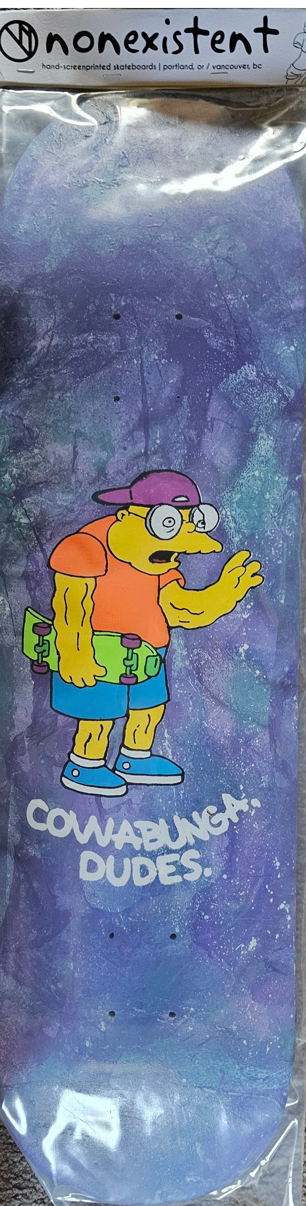 Nonexistent "Cowabunga Dudes" Skateboard Deck - Purple Woodgrain