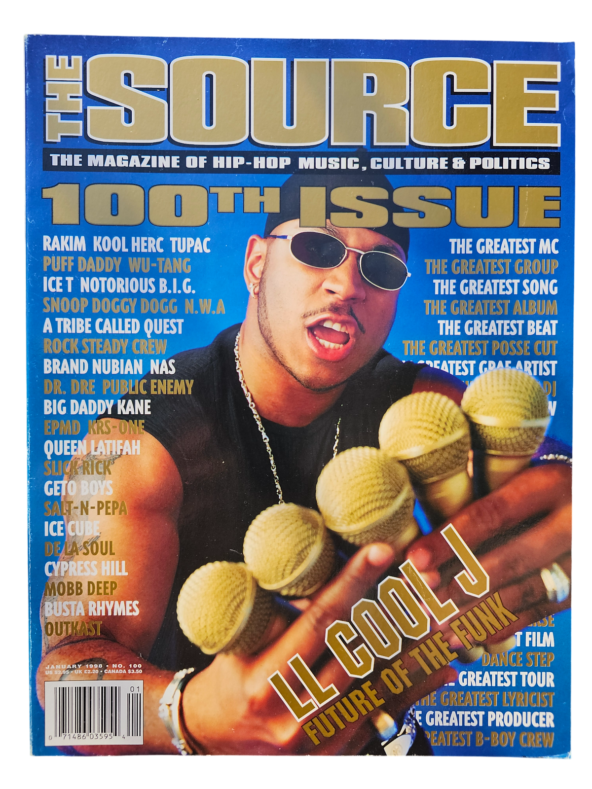The Source January 1998 issue 100 front cover featuring LL Cool J with five gold microphones