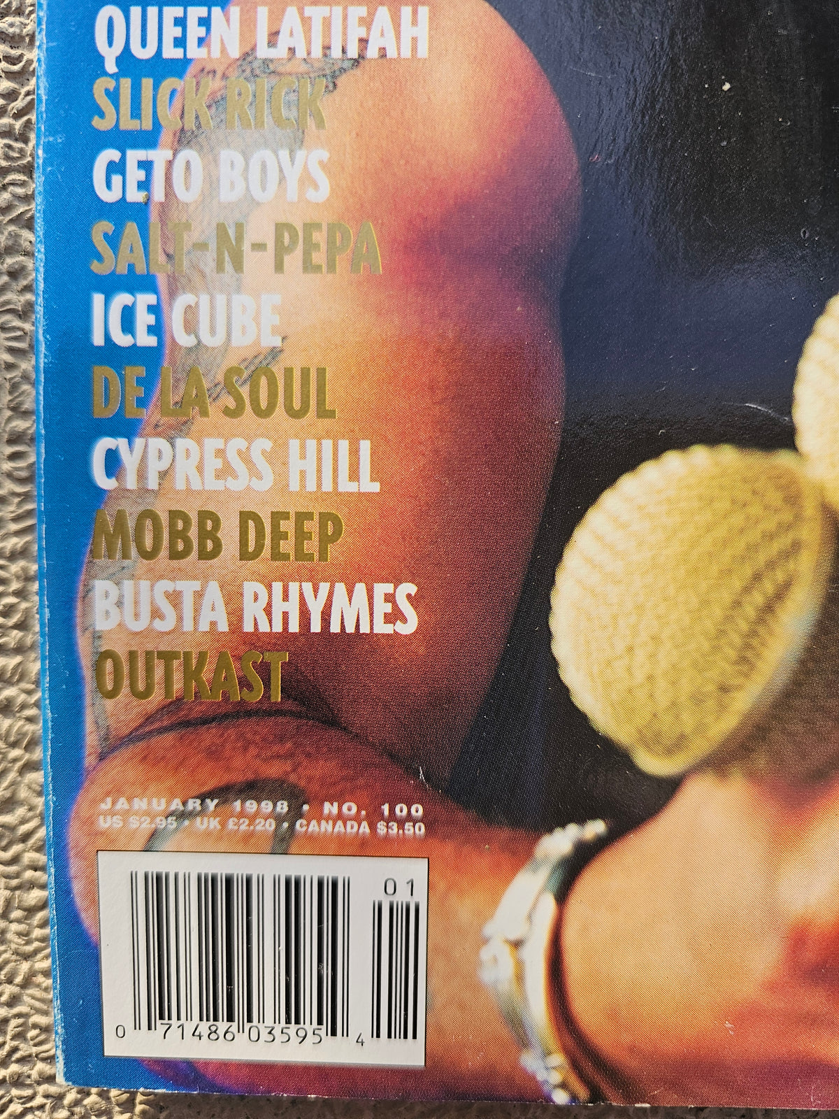Close-up of January 1998 issue 100 date and barcode on The Source cover