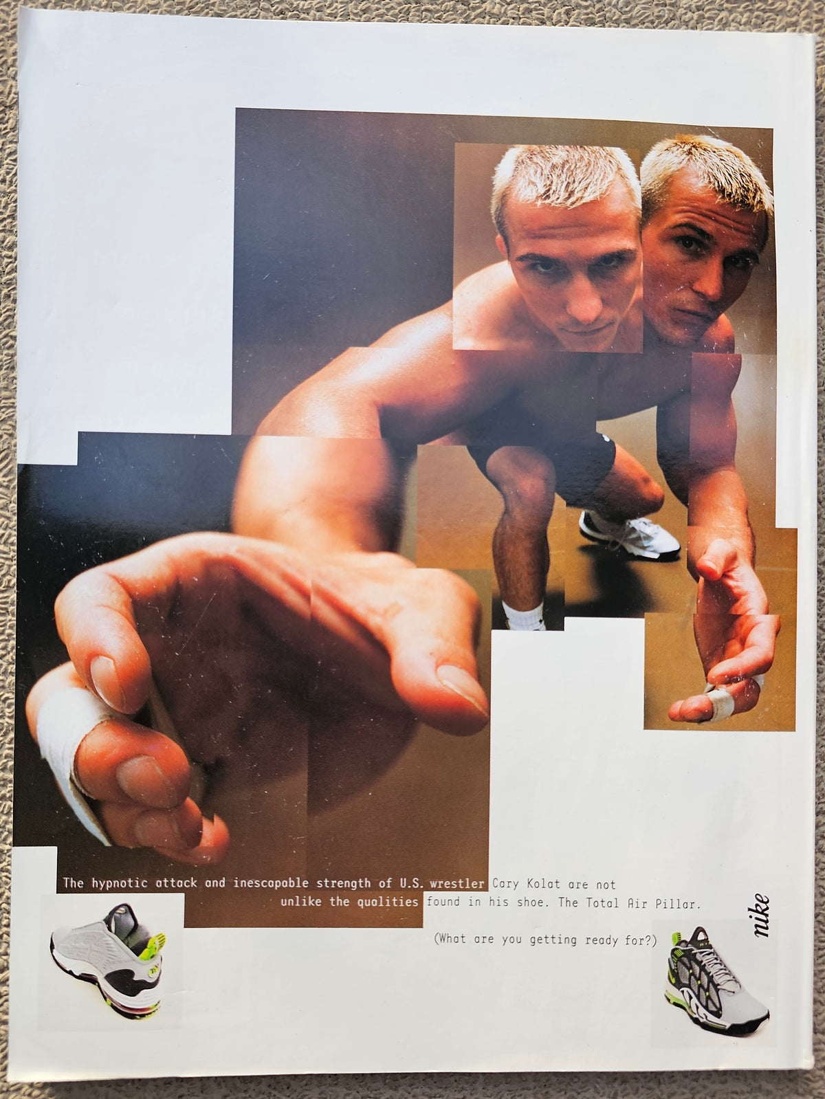 Nike Total Air Pillar advertisement featuring wrestler Cary Kolat on back cover