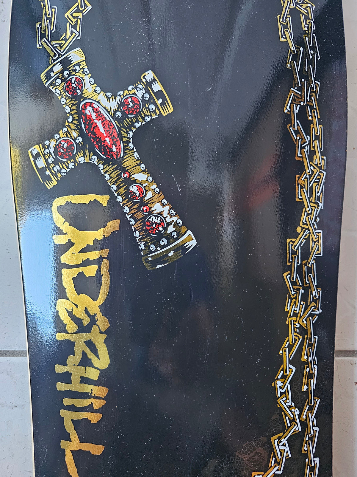 Powell Peralta Ray Underhill "Cross & Chain" Deck – Black & Gold Foil (NOS)