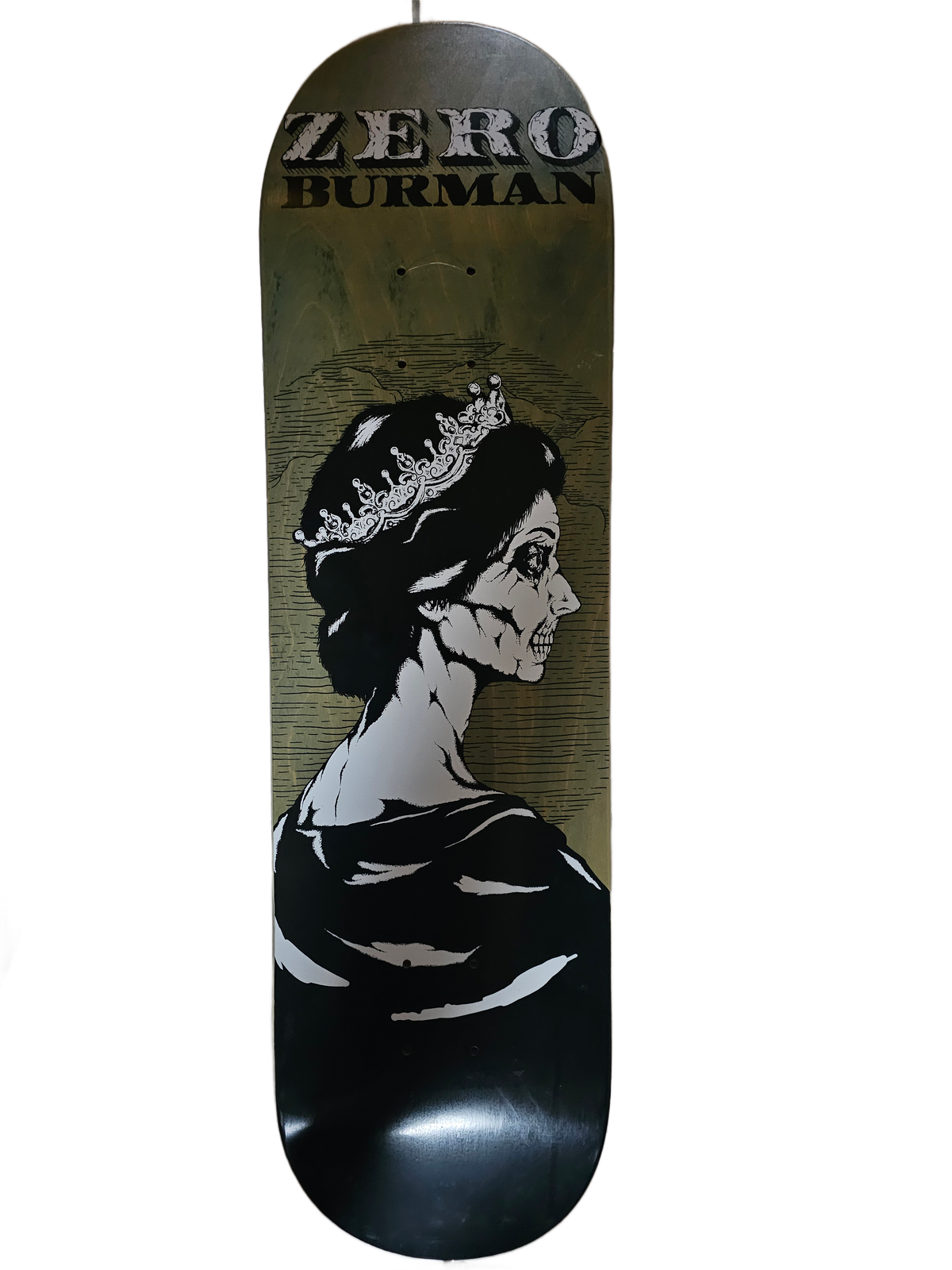 Zero Burman skateboard deck with crowned skeletal portrait
