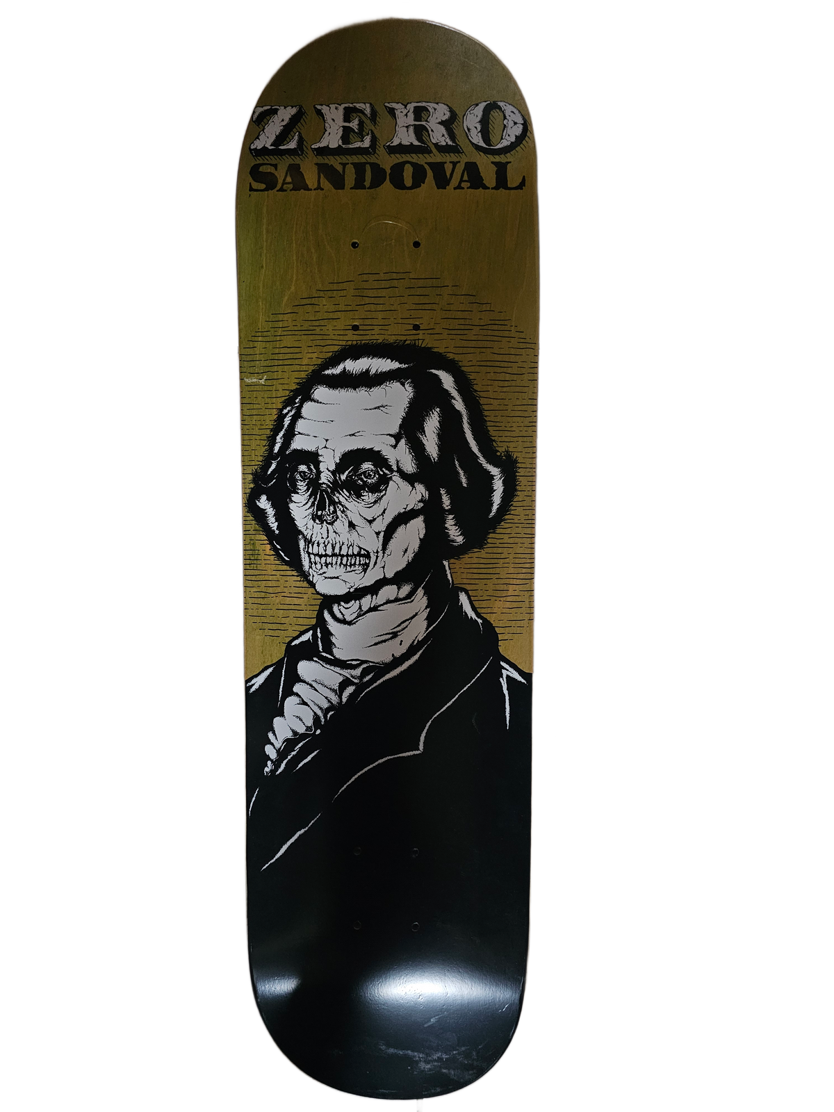 Zero Sandoval skateboard deck with skeletal portrait